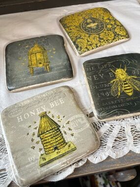 Vintage Honey Bee stoneware cork drink coaster set